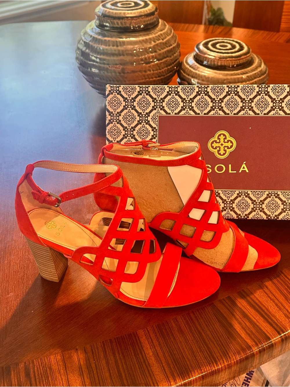 Isola Women's Orange Suede Cutout Block Heel Sandals